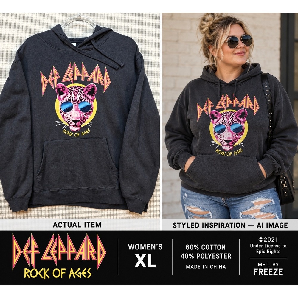 Def Leppard Rock of Ages Hoodie Charcoal Gray Leopard Graphic Band Sweatshirt XL